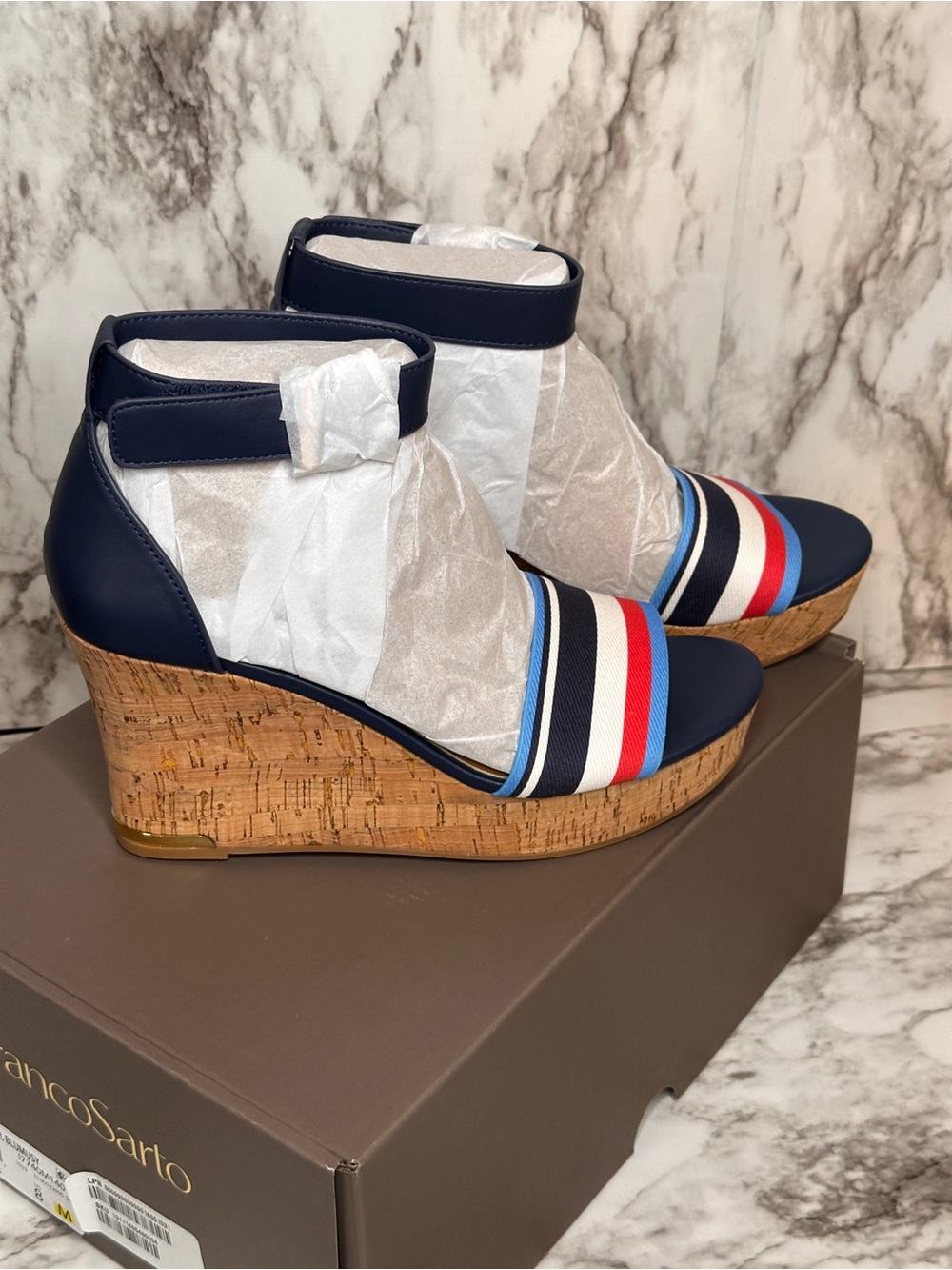 Franco Sarto Navy Cork Wedge Sandals with Red, White & Blue Stripes